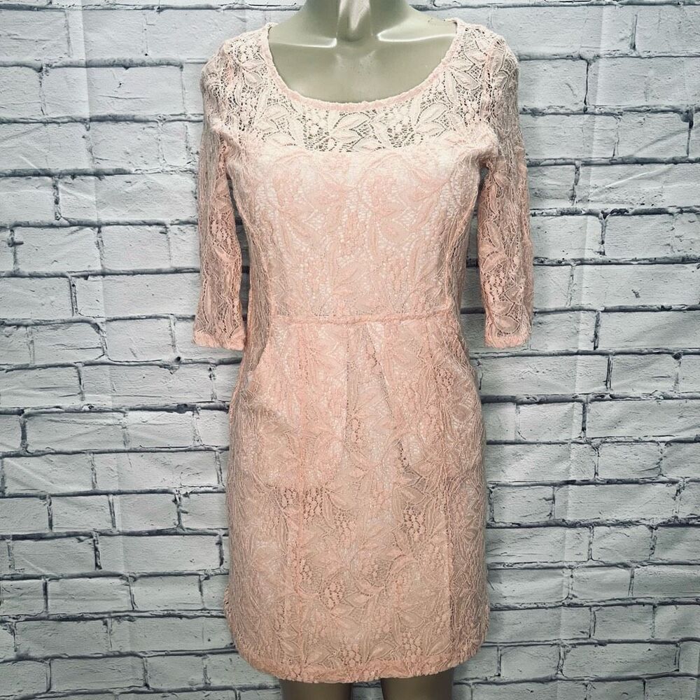 Maeve Womens Blush Pink 3/4 Sleeve Keyhole Scoop Neck Lace A-Line Dress Small